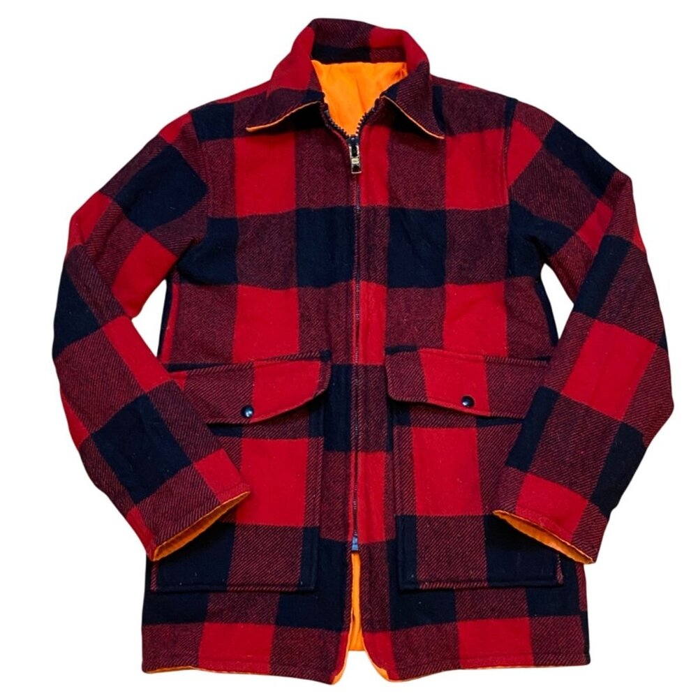 Vintage 80s/90s L.L. Bean Mens Buffalo Plaid Reversible Orange Wool Hunting Chor